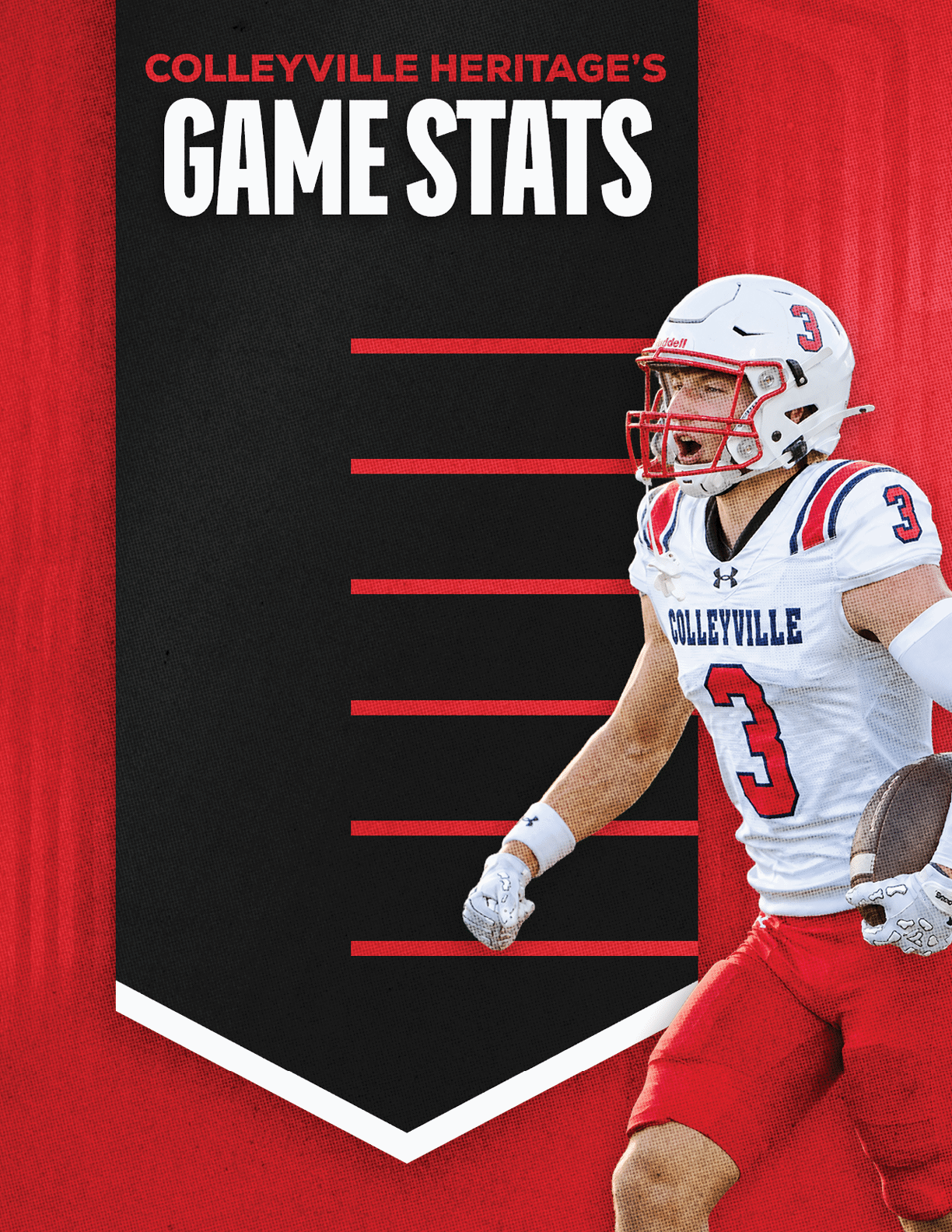 A person in a football uniform with the number 3 is running while holding a football next to a black banner with red and white text that reads Colleyville Heritage's Game Stats. Description generated by AI