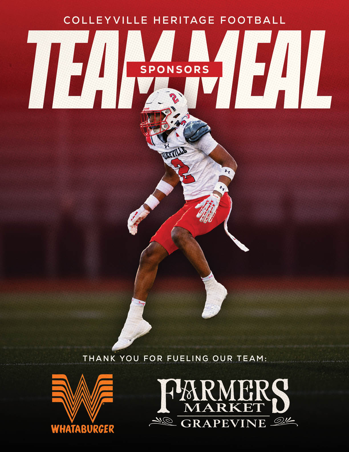 A person in a football uniform with a white helmet and red pants is running on a field with a red gradient background and text promoting Colleyville Heritage Football team meal sponsors including Whataburger and Farmers Market Grapevine. Description generated by AI