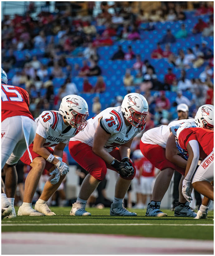 People in football uniforms are lined up on a field preparing for a play during a game with a crowd in the background. Description generated by AI