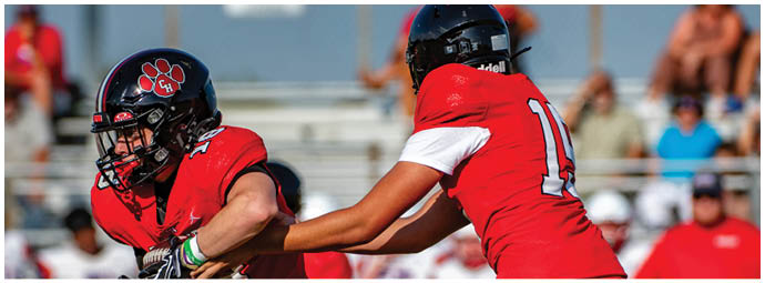 Two people wearing football helmets and red jerseys are on a field with blurred spectators in the background. Description generated by AI