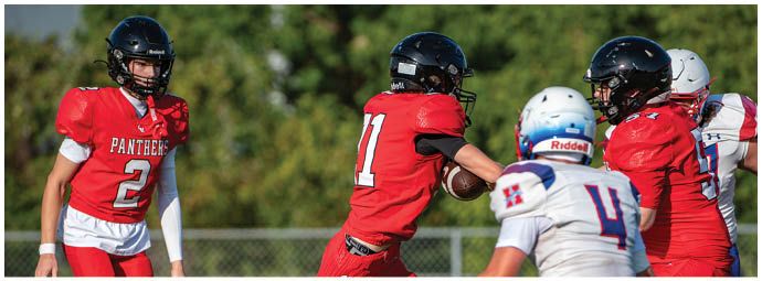 People wearing football helmets and red and white uniforms are engaged in a game on a grassy field with trees in the background. Description generated by AI