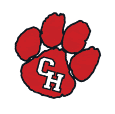 A red paw print with the white letters CH outlined in black inside the largest pad. Description generated by AI