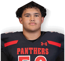 Person wearing a black football jersey with red accents and the word Panthers along with the number 59 on the front. Description generated by AI