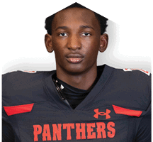 A person wearing a black sports jersey with red accents and the word “PANTHERS" printed on the front. Description generated by AI