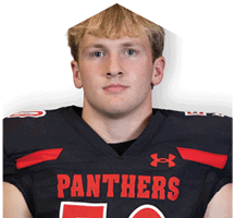 A person wearing a black sports jersey with red accents and the word “PANTHERS" written across the chest. Description generated by AI