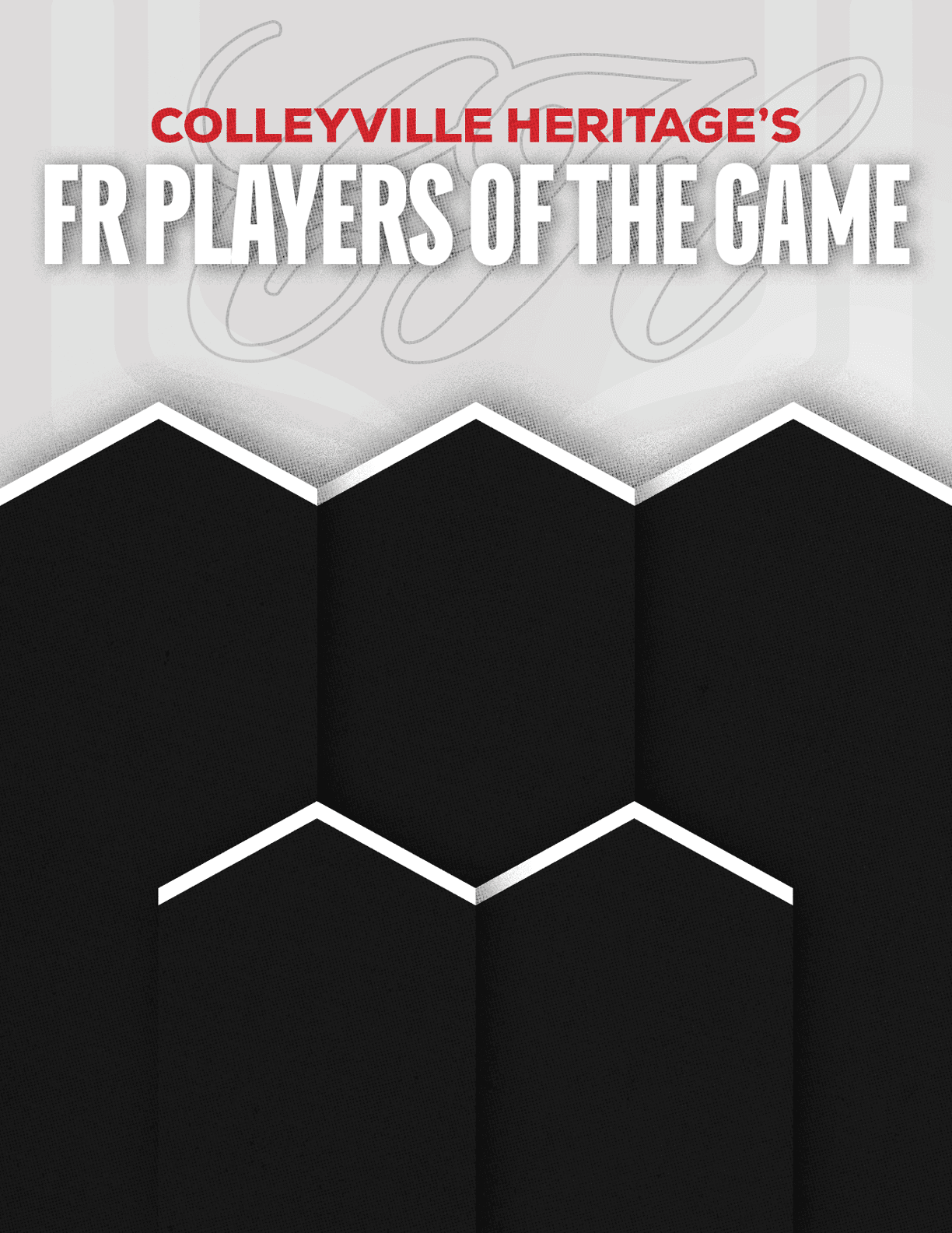 Colleyville Heritage's Freshman Players of the Game graphic with five black hexagonal shapes arranged in a pattern on a gray and white background. Description generated by AI