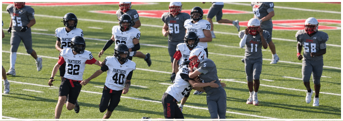 Several people wearing football uniforms are actively engaged in a game on a grassy field, with one person tackling another while others run nearby. Description generated by AI