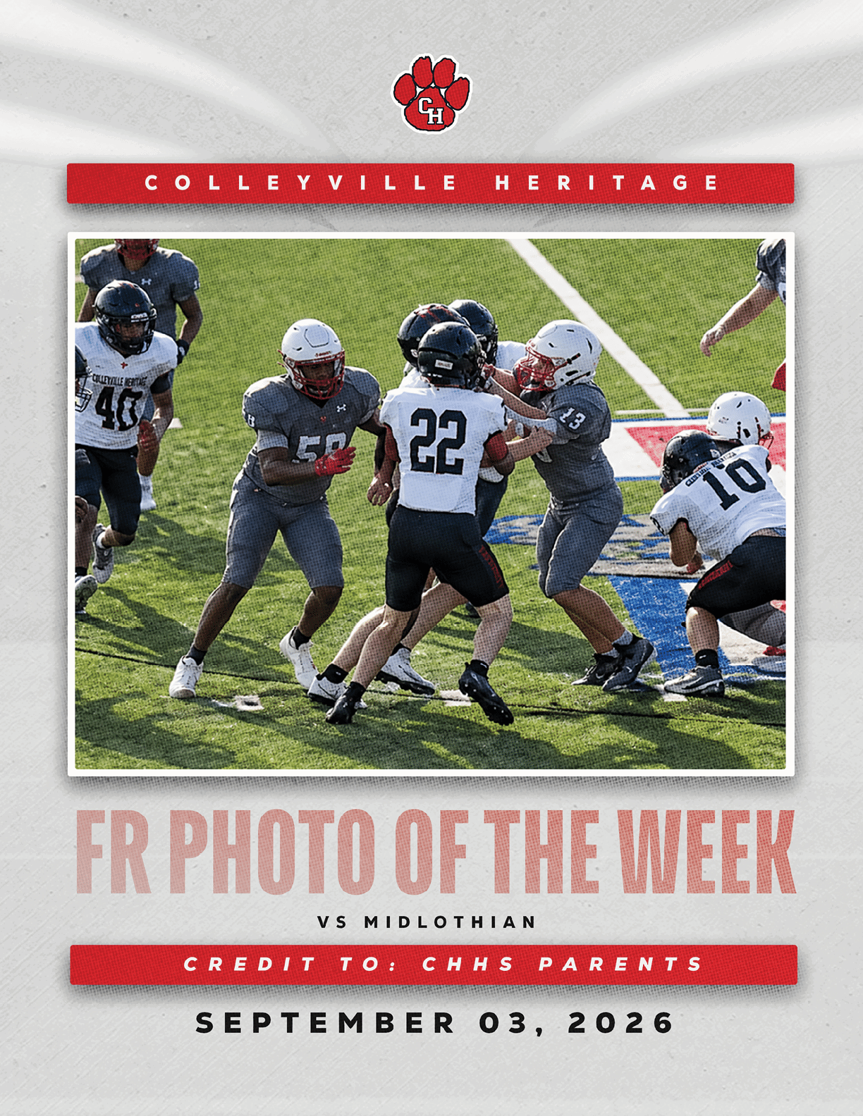 A group of people in football uniforms actively engaged in a game on a grassy field with text indicating a high school football photo of the week for Colleyville Heritage versus Midlothian dated September 3, 2026. Description generated by AI
