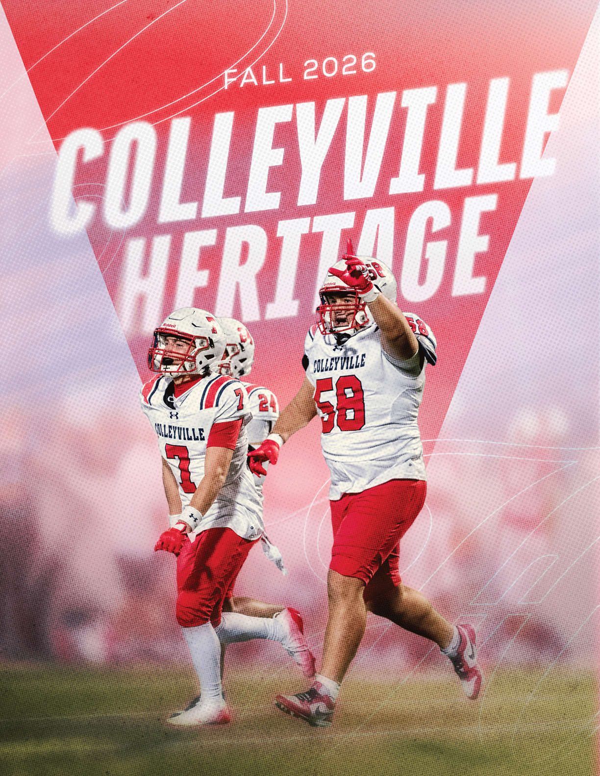 Two people in football uniforms celebrating on a field with a red and white graphic background that reads Fall 2026 Colleyville Heritage. Description generated by AI