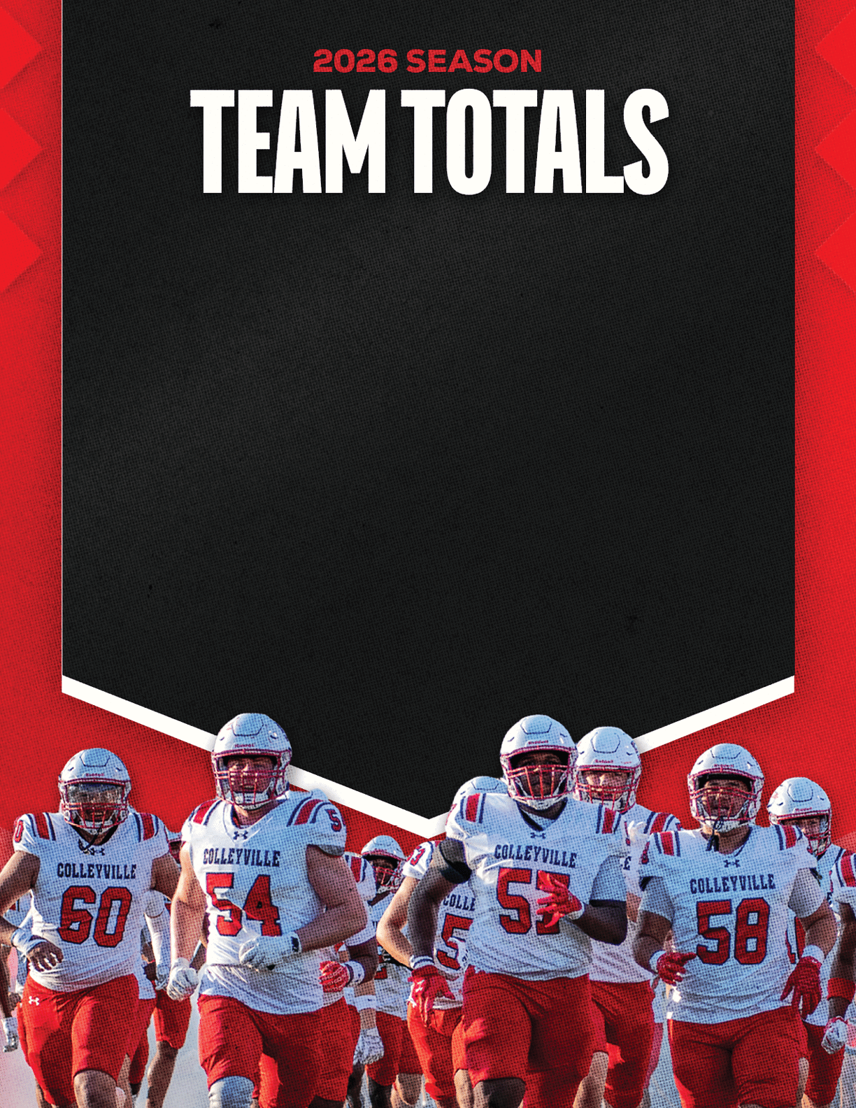 A group of people wearing white and red football uniforms with helmets are running forward on a red background with the text 2026 season team totals above them. Description generated by AI