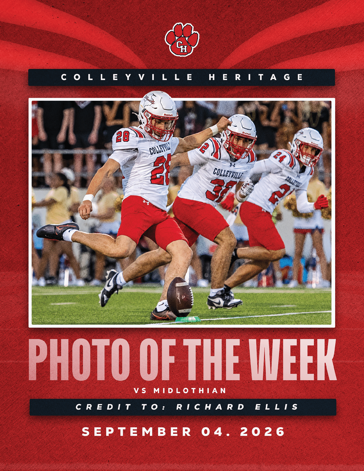 Three people in football uniforms are actively engaged in a play on a football field with a crowd in the background, featured as the photo of the week for Colleyville Heritage versus Midlothian on September 4, 2026. Description generated by AI