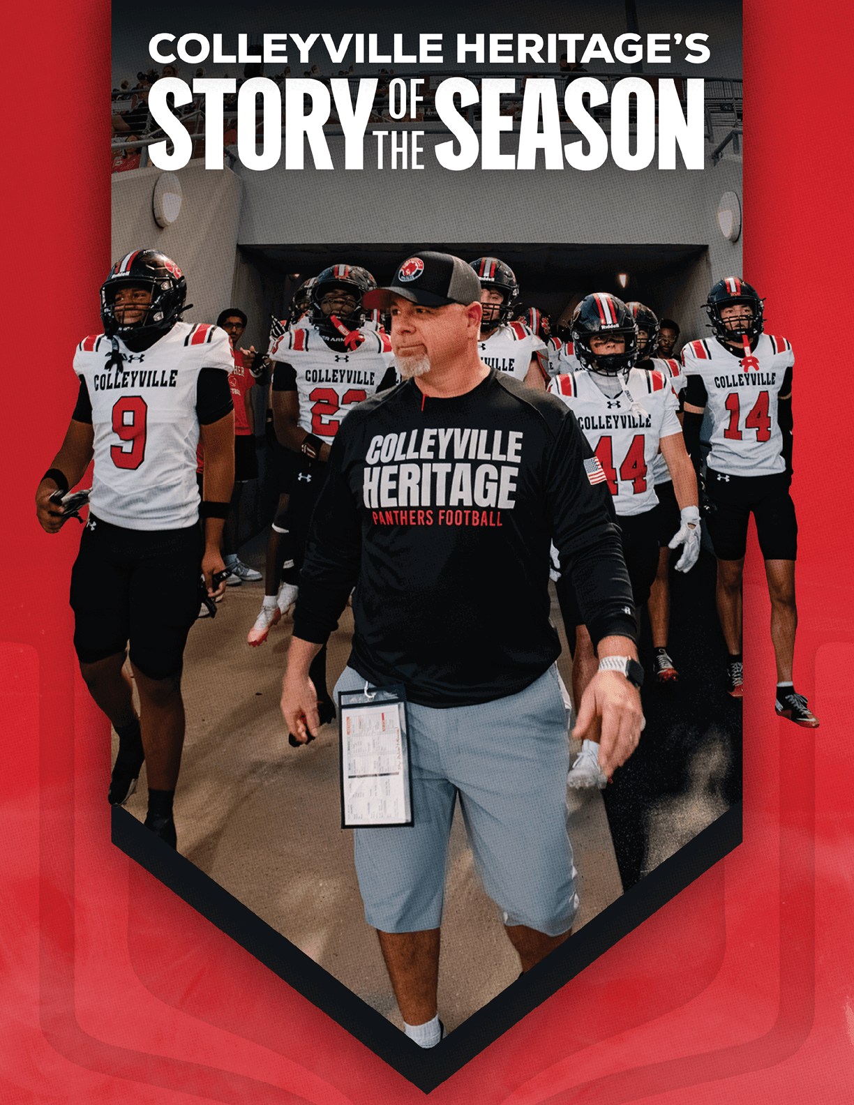 A group of people in football uniforms and a person in casual sportswear walk together in a tunnel with the text “Colleyville Heritage's Story of the Season" above them. Description generated by AI