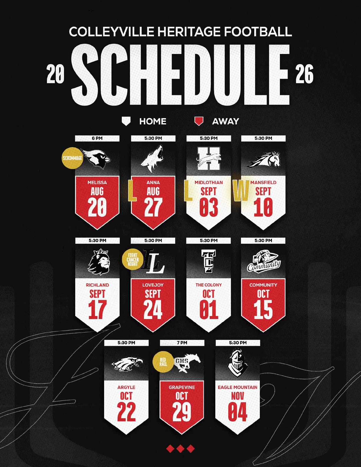 The Colleyville Heritage Football 2026 schedule is displayed with team logos, dates, and home or away game indicators in a bold, modern design on a black background. Description generated by AI