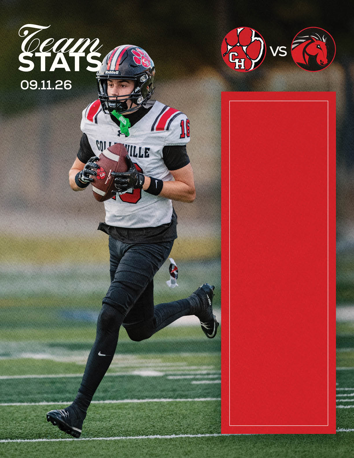 A person in a football uniform is running on a field while holding a football, with team logos and the text “Team Stats 09.11.26" displayed above. Description generated by AI