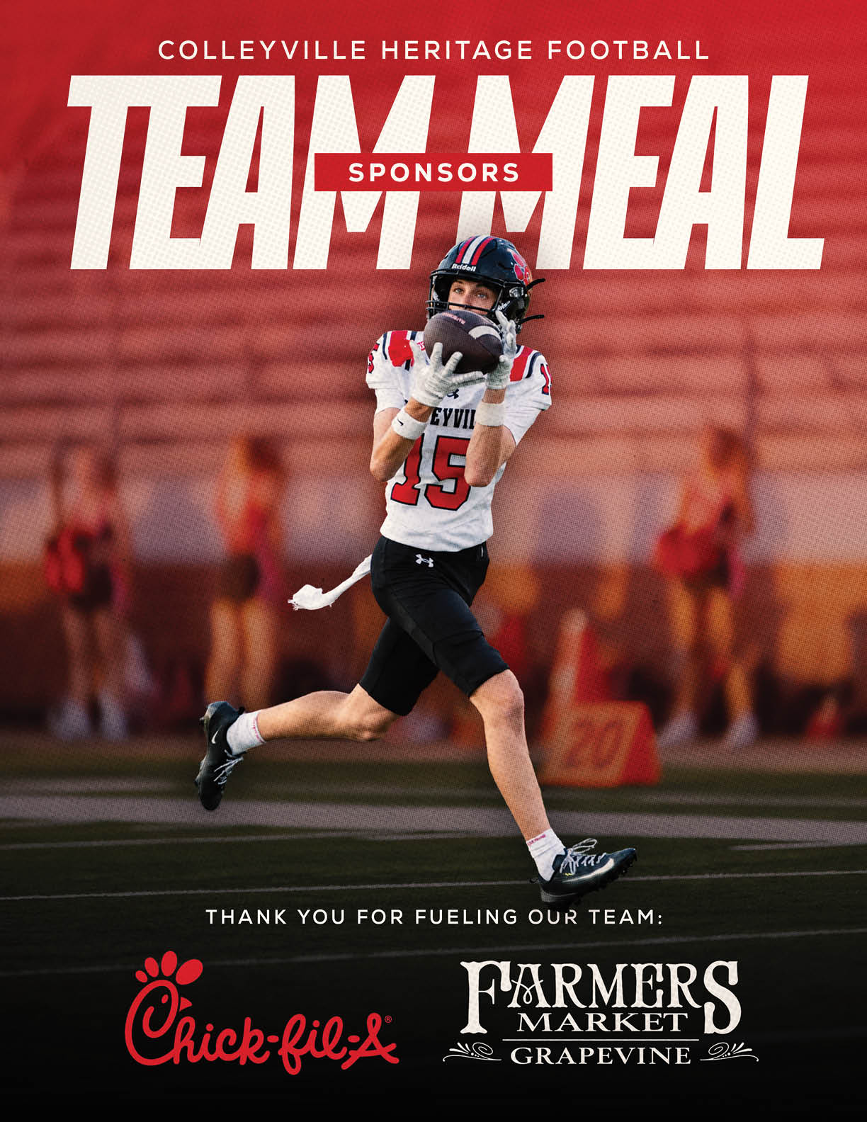 An adult football player in a white and black uniform catches a football on a field with blurred people and bleachers in the background, with text promoting Colleyville Heritage Football team meal sponsors Chick-fil-A and Farmers Market Grapevine. Description generated by AI