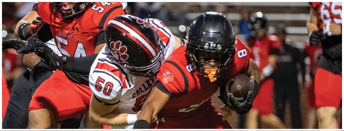 Two people in football uniforms are engaged in a play on a field, with one person holding the ball and the other attempting to tackle. Description generated by AI