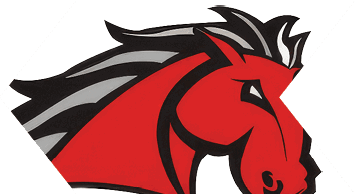 A stylized red horse head with black and gray mane in a bold graphic design. Description generated by AI