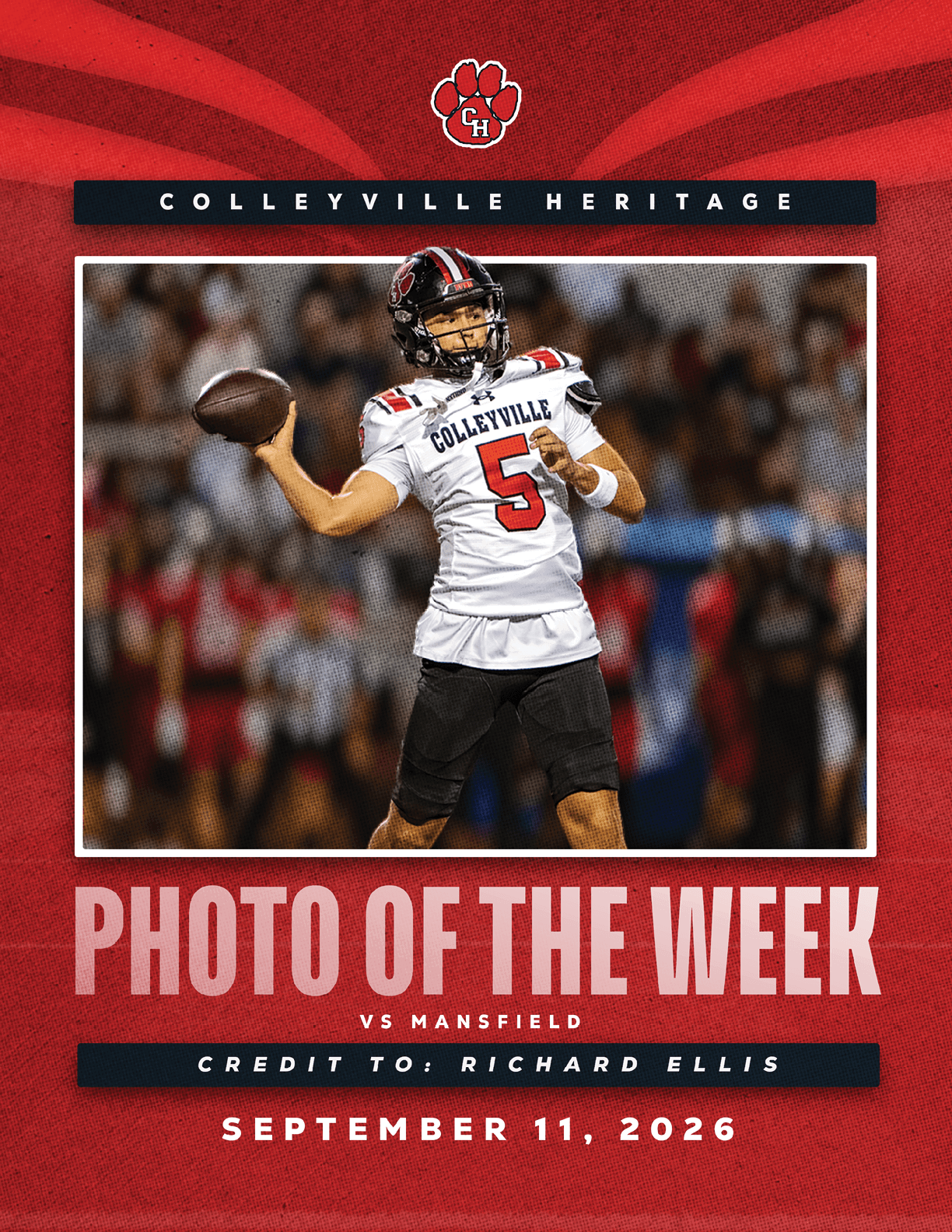 A person wearing a Colleyville football uniform with the number 5 is preparing to throw a football during a game against Mansfield, with a crowd in the background and text indicating it is the photo of the week dated September 11, 2026. Description generated by AI