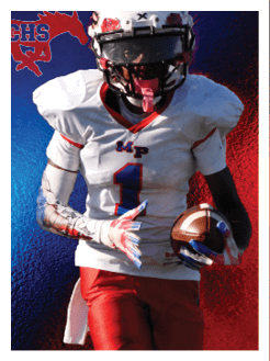 Two football players wearing black jerseys and holding hands. Description generated by AI