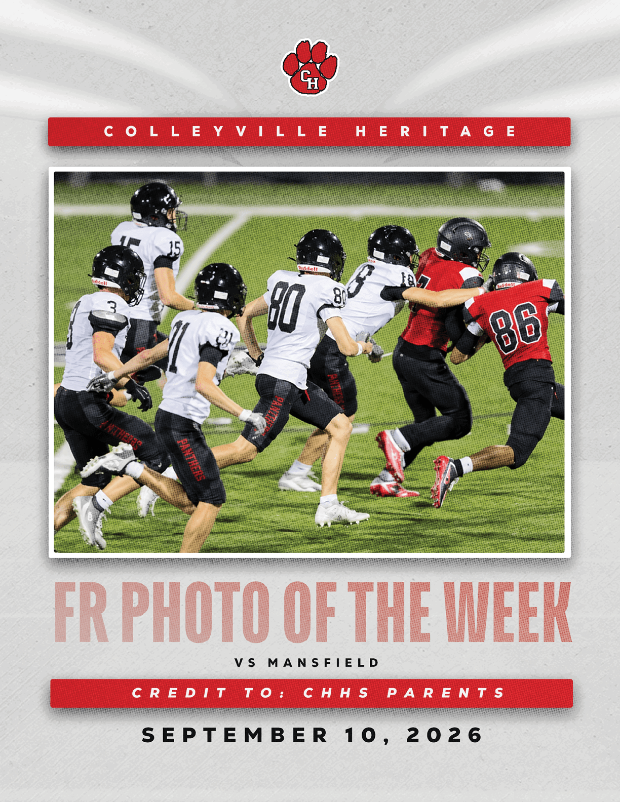 Several people in football uniforms are running on a field during a game between Colleyville Heritage and Mansfield, with some players wearing white jerseys and others in red and black. Description generated by AI