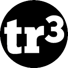 A black circle with the white text “tr³" centered inside it. Description generated by AI