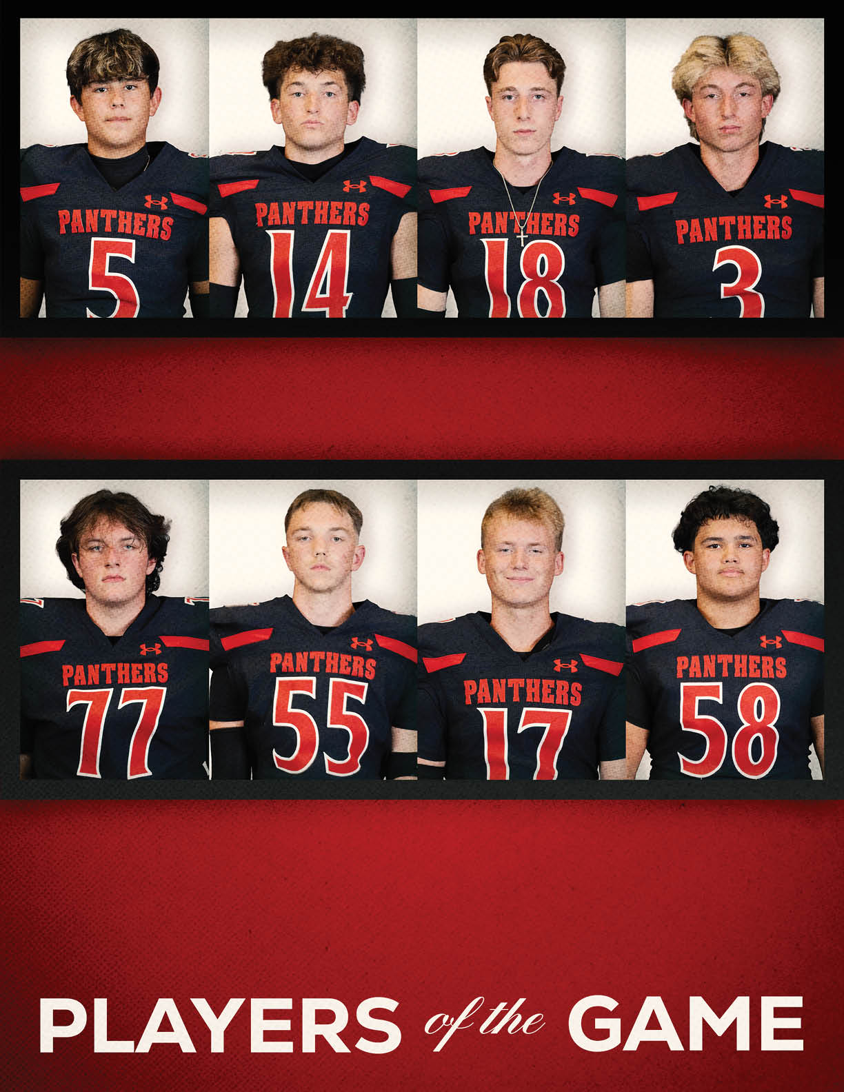 Eight adults wearing black and red football jerseys with the word Panthers and different numbers pose against a plain background with the text players of the game below them. Description generated by AI