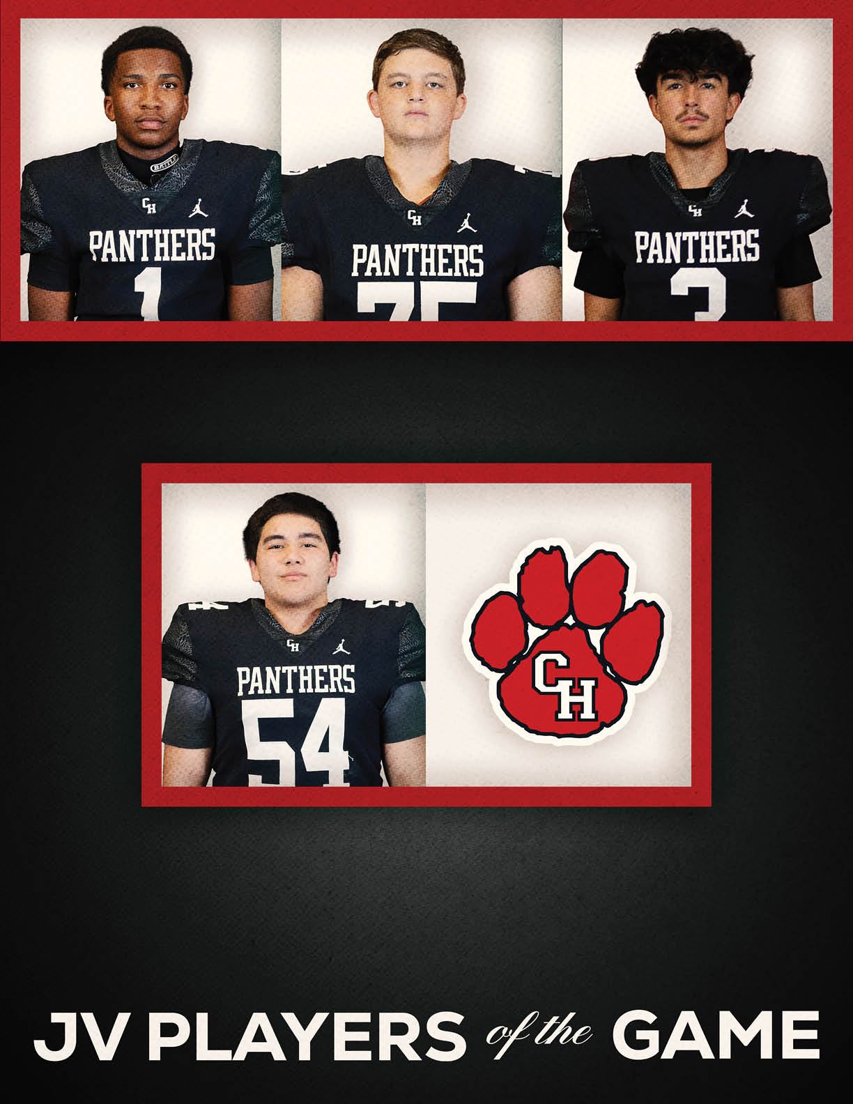 Five people wearing black football jerseys with the word Panthers and numbers on them are shown against a red and black background with the text JV Players of the Game. Description generated by AI