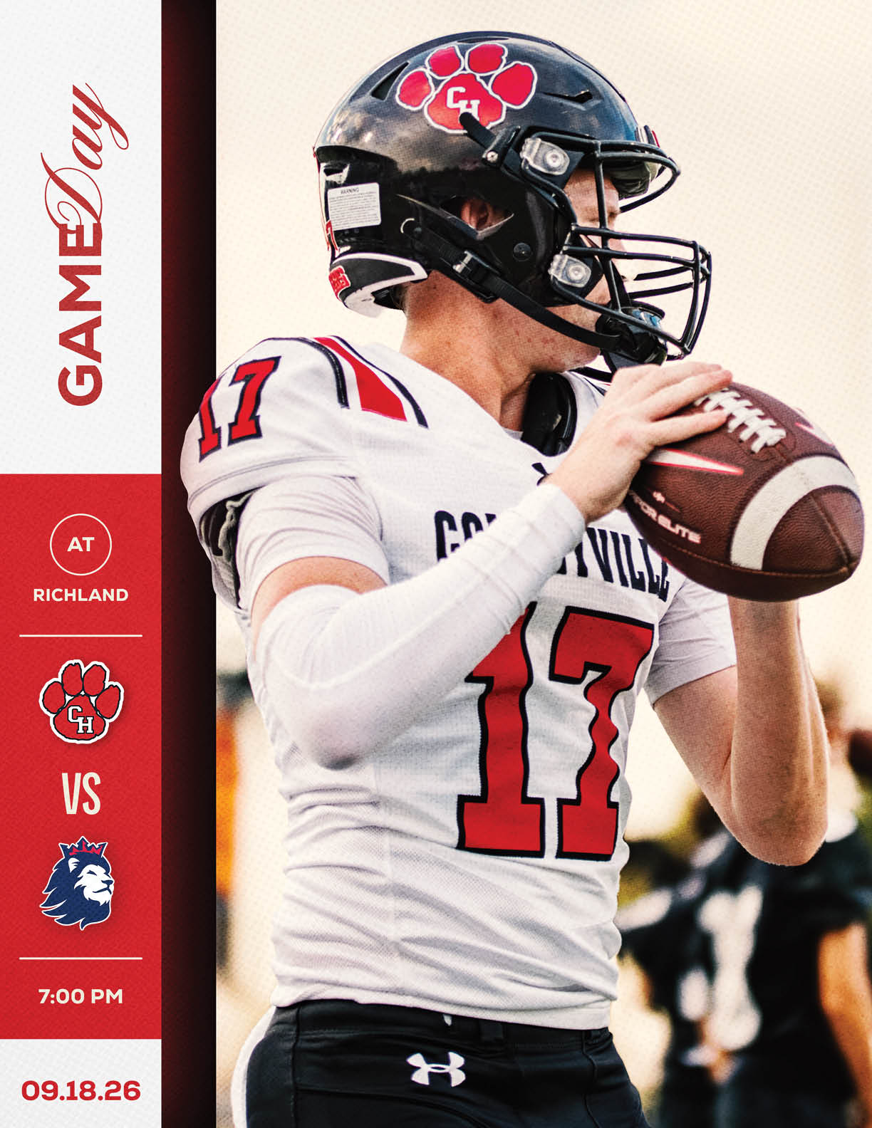 An adult wearing a football uniform and helmet is preparing to throw a football with a graphic showing a game between teams at Richland on September 18, 2026, at 7:00 PM. Description generated by AI
