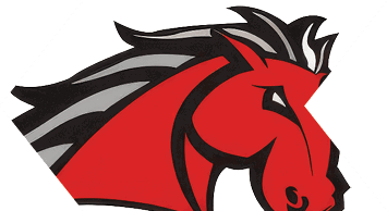 A stylized red horse head with black and gray mane in a bold graphic design. Description generated by AI