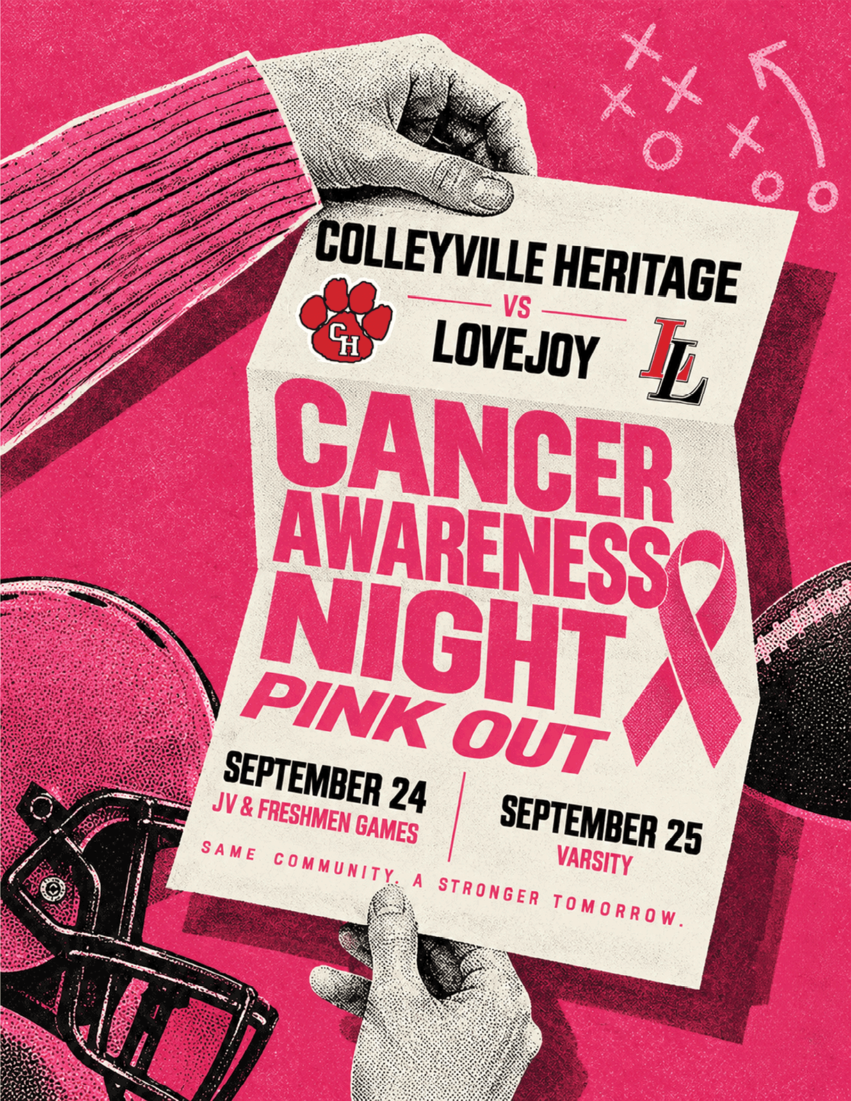 A person wearing a pink sweater holds a flyer promoting a cancer awareness night pink out event for Colleyville Heritage versus Lovejoy football games. Description generated by AI