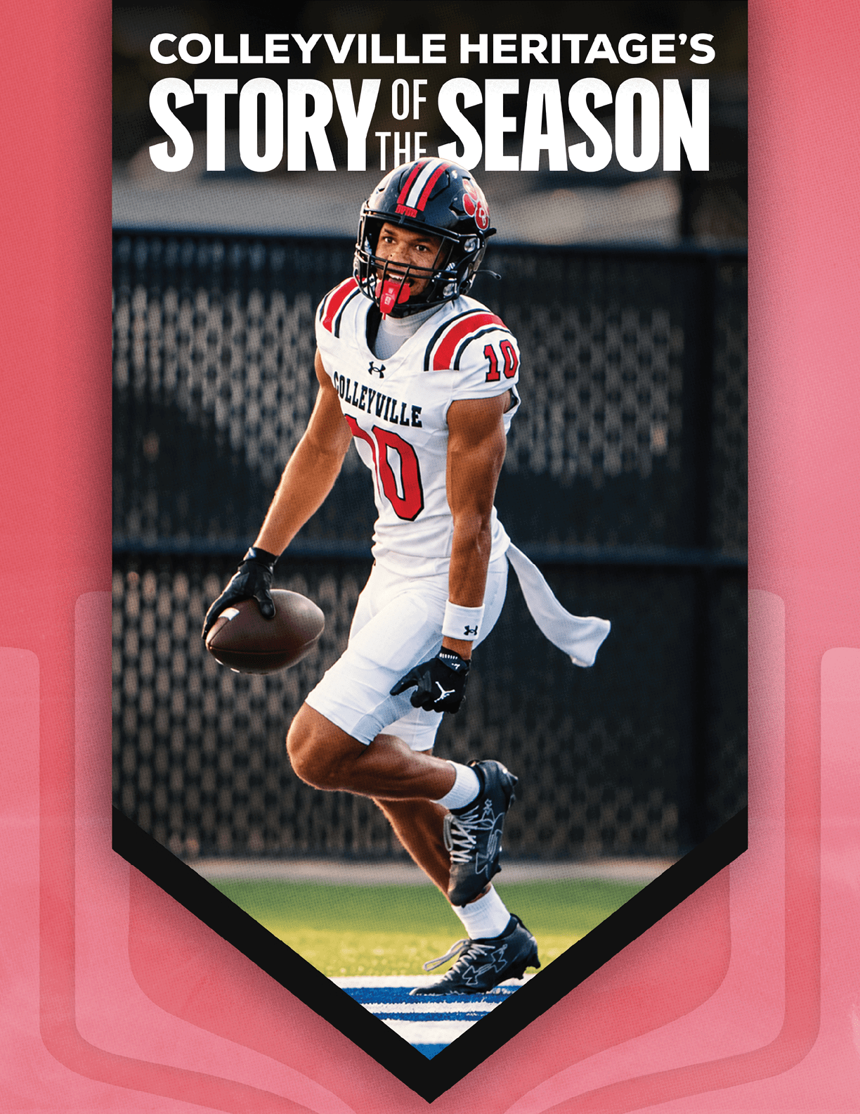 A person in a Colleyville Heritage football uniform is running on a field holding a football with the text “Colleyville Heritage's Story of the Season" above. Description generated by AI