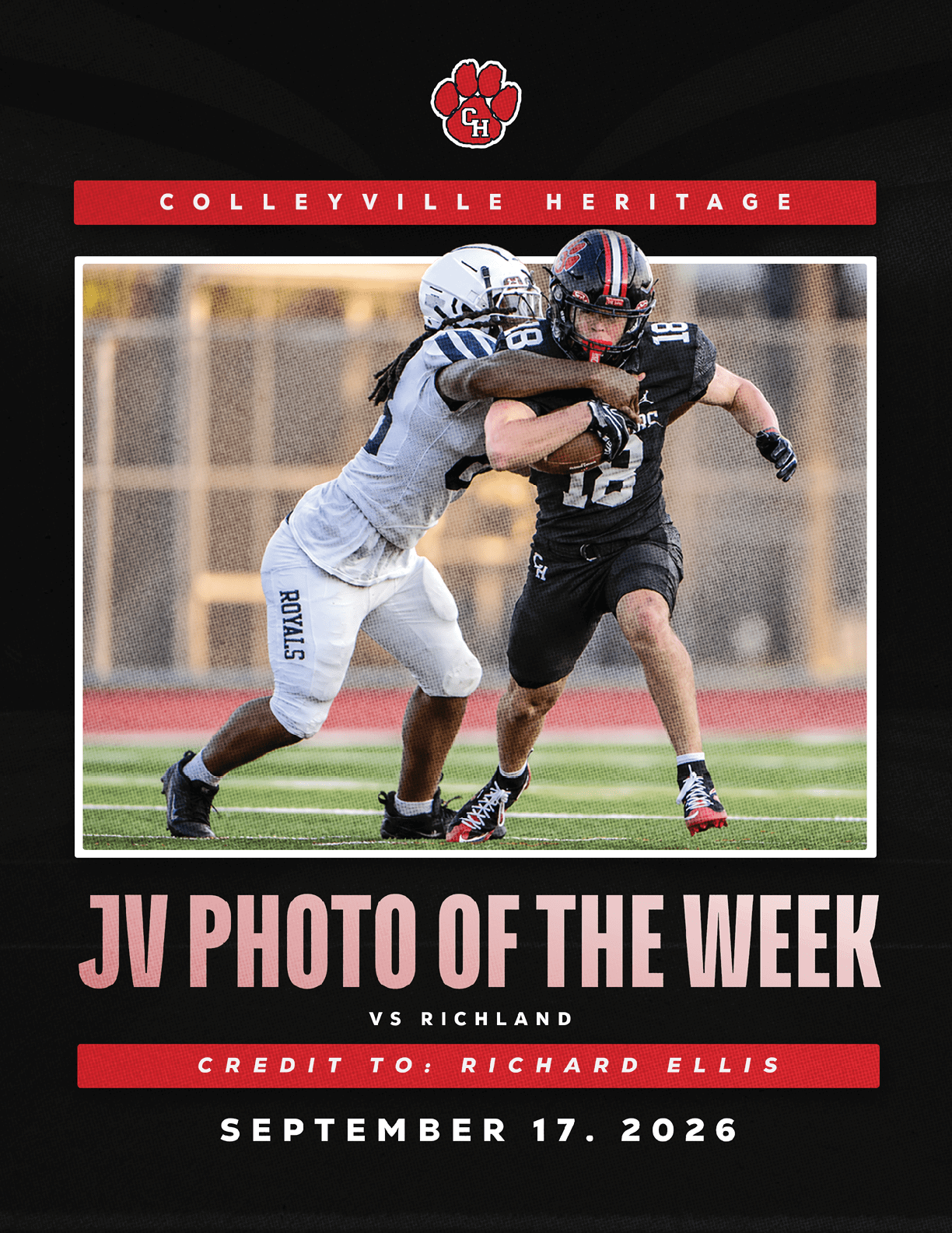 Several athletes in football uniforms are engaged in a tackle during a game, with one player in white holding the ball and multiple players in red attempting to stop them on a field. Description generated by AI