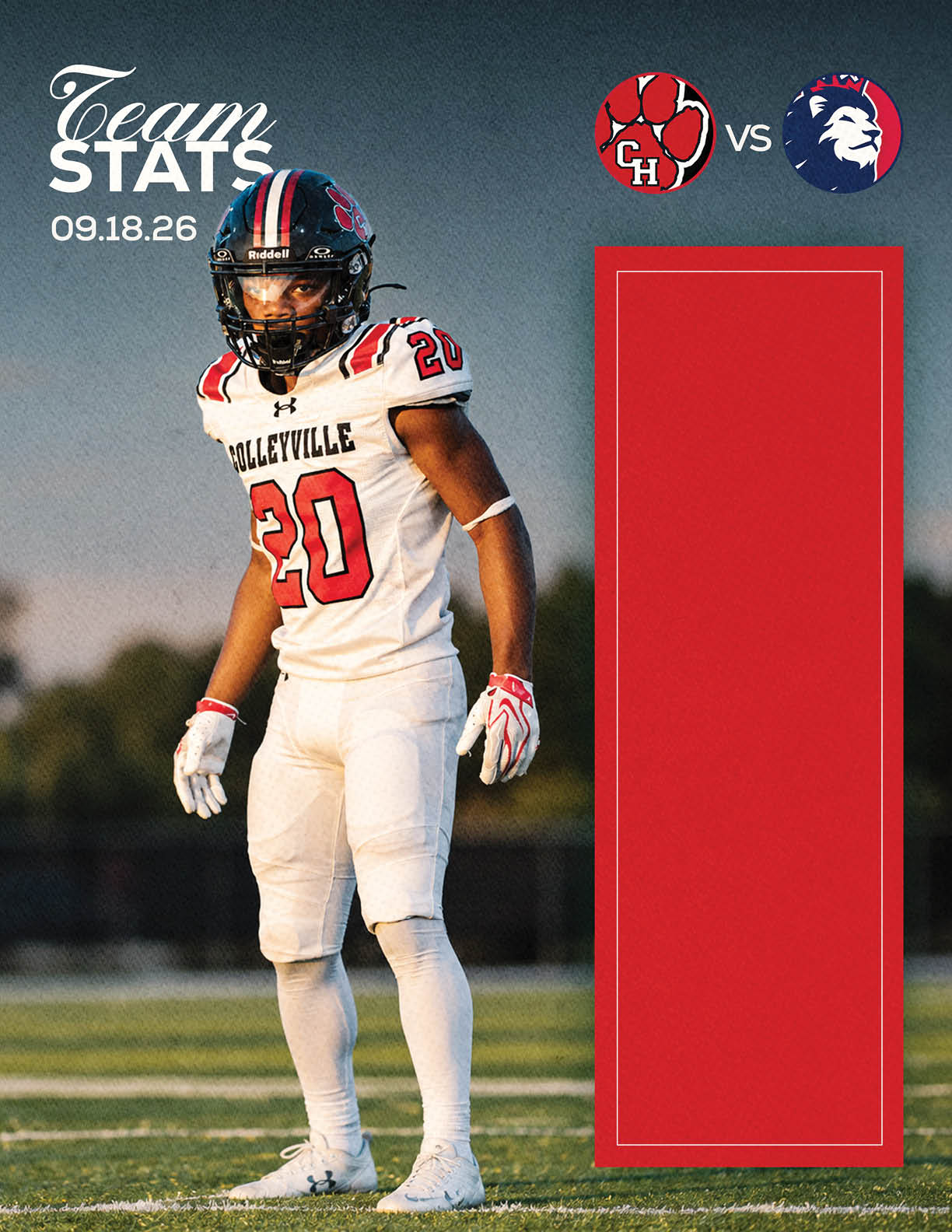 A person in a white football uniform with the number 20 stands on a field with a blurred background, alongside team logos and the date 09.18.26 displayed. Description generated by AI