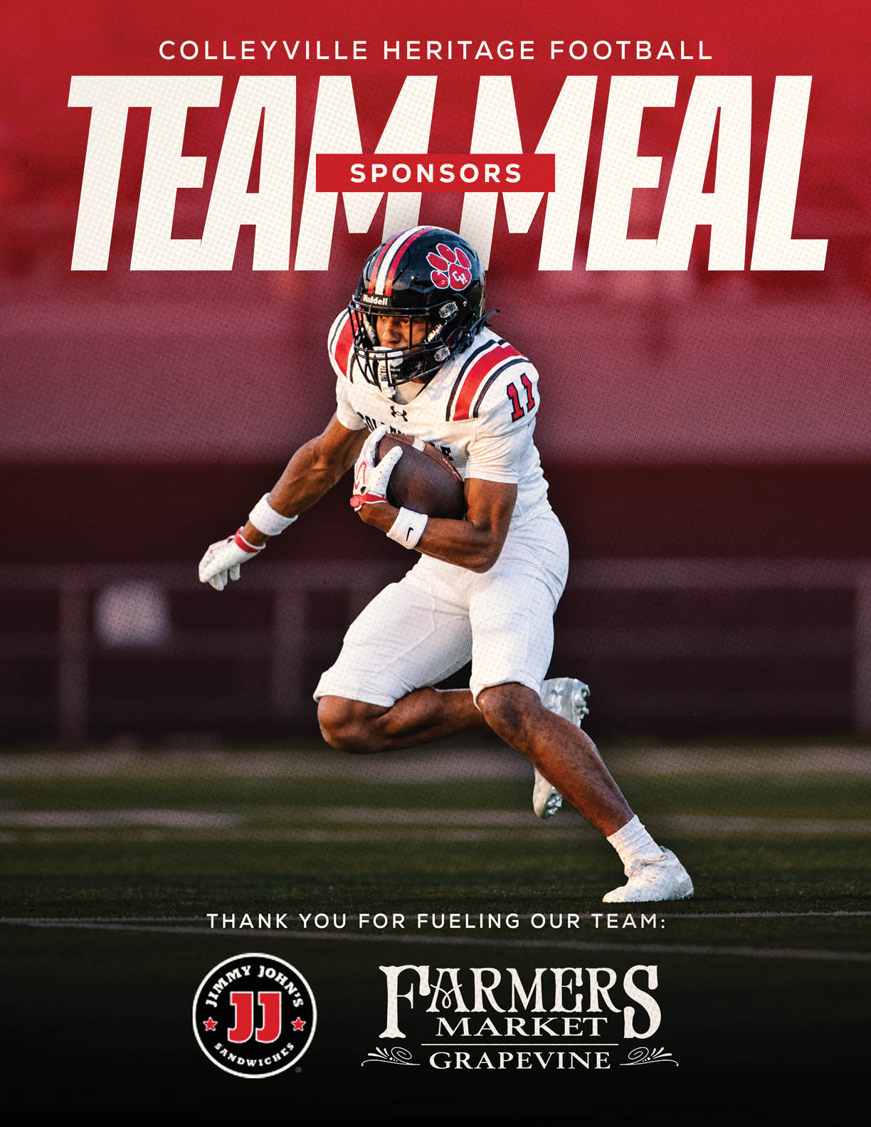 A person in a white football uniform with a black helmet is running on a field holding a football with text above and below promoting Colleyville Heritage Football team sponsors Chick-fil-A and Farmers Market Grapevine. Description generated by AI