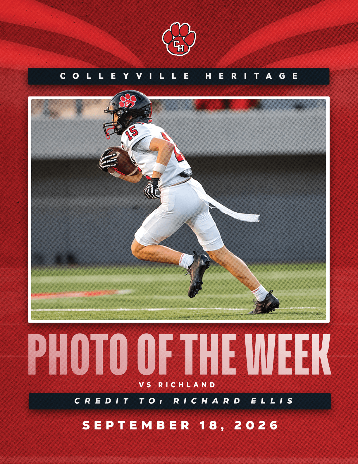 An adult in a white football uniform with the number 15 is running on a field while holding a football during a game between Colleyville Heritage and Richland. Description generated by AI