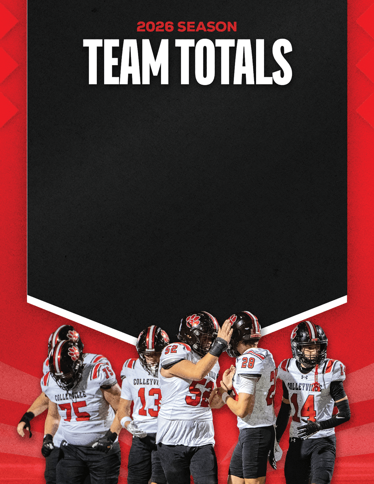 A group of five people wearing football uniforms with helmets and numbers stand together on a red background with the text 2026 Season Team Totals above them. Description generated by AI