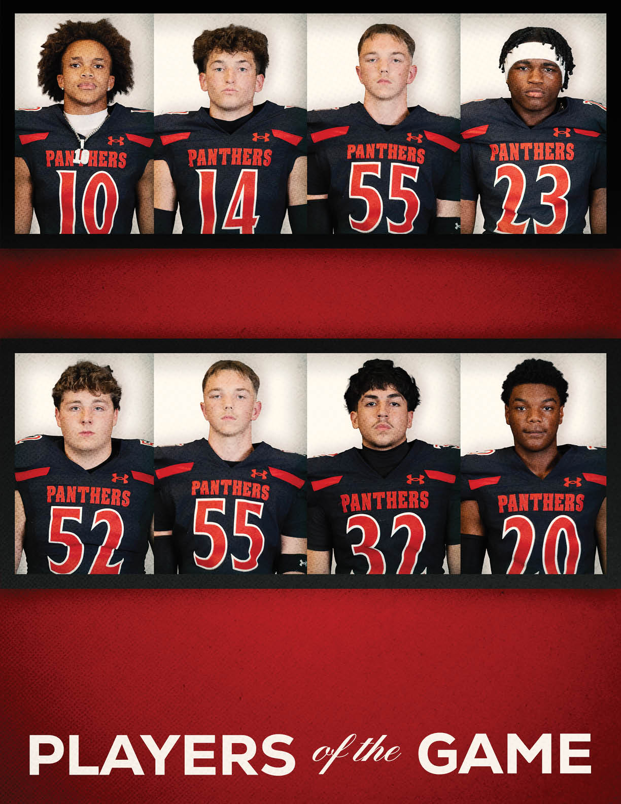 Eight people wearing black football jerseys with “Panthers" written on them are arranged in two rows above the text "Players of the Game" on a red background. Description generated by AI