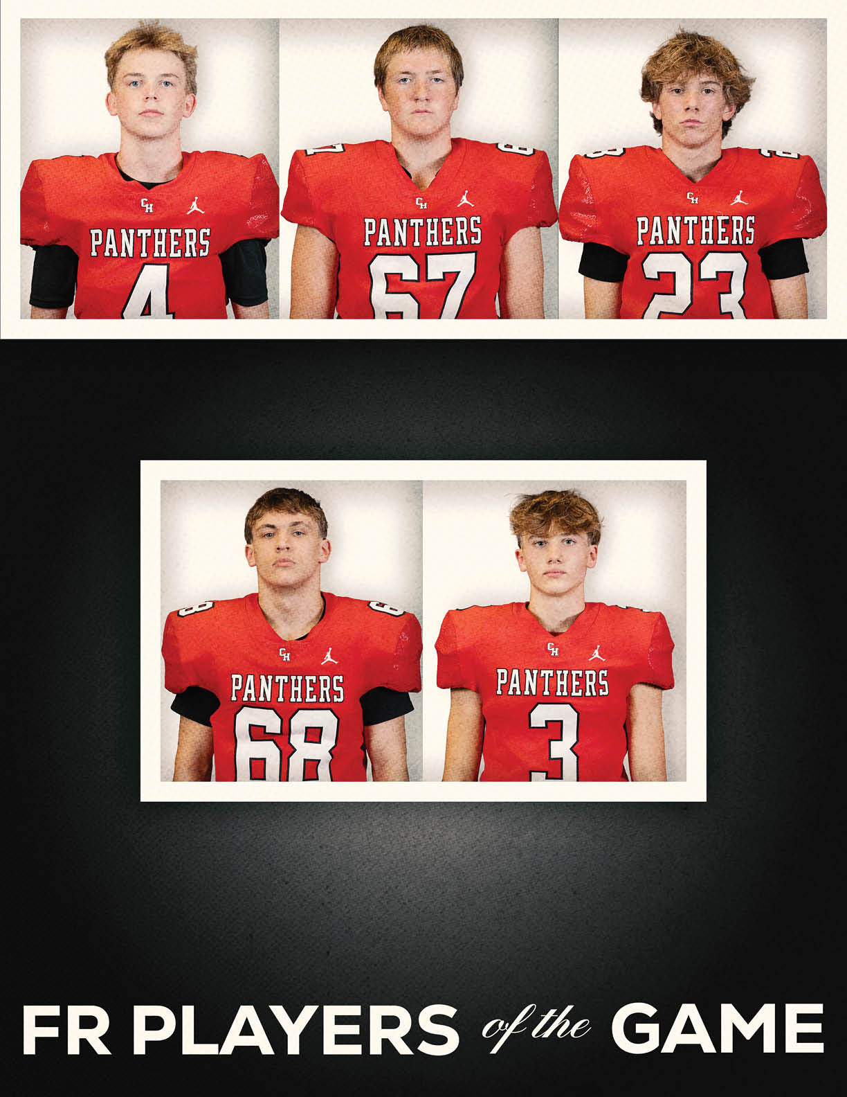 Five people wearing red football jerseys with the word Panthers and different numbers pose against a plain background with the text FR Players of the Game below them. Description generated by AI