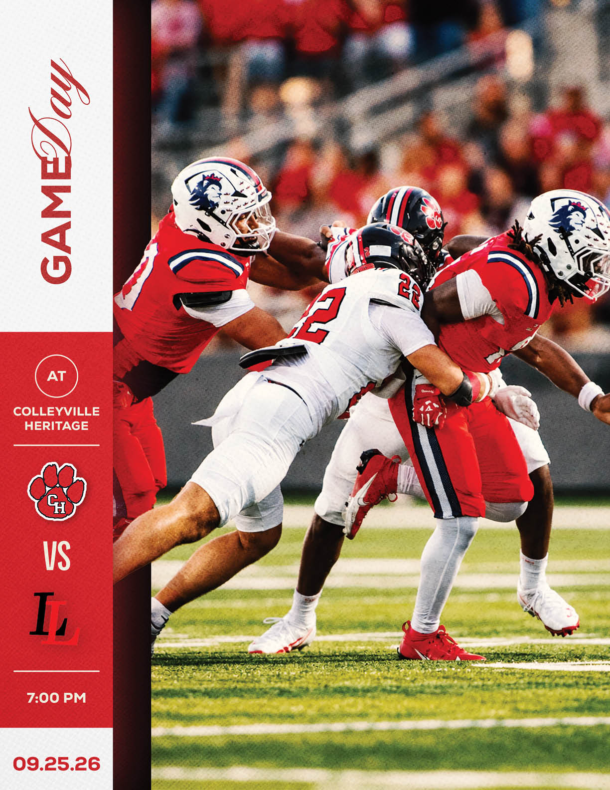 Two football players in red uniforms are being tackled by a player in a white uniform during a game at Colleyville Heritage against a team with initials IL. Description generated by AI