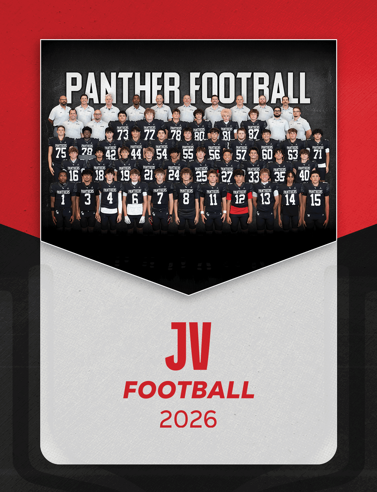 A group of people wearing football uniforms and coaches in white shirts pose for a team photo under the text Panther Football with JV Football 2026 written below. Description generated by AI