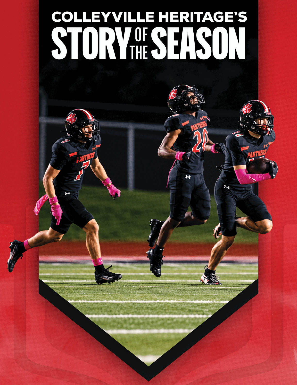 Three people in black football uniforms with pink gloves and accessories are running on a football field under the text “Colleyville Heritage's Story of the Season." Description generated by AI