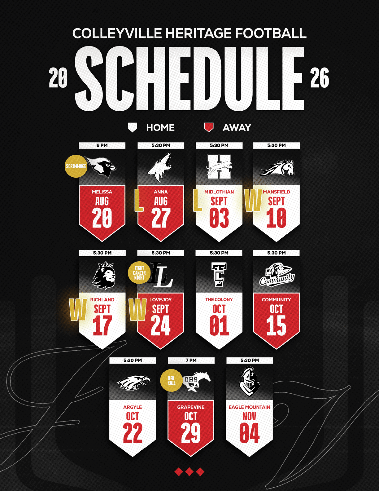 Colleyville Heritage Football 2026 schedule displayed with team logos and dates for home and away games in a bold, graphic style on a black background. Description generated by AI