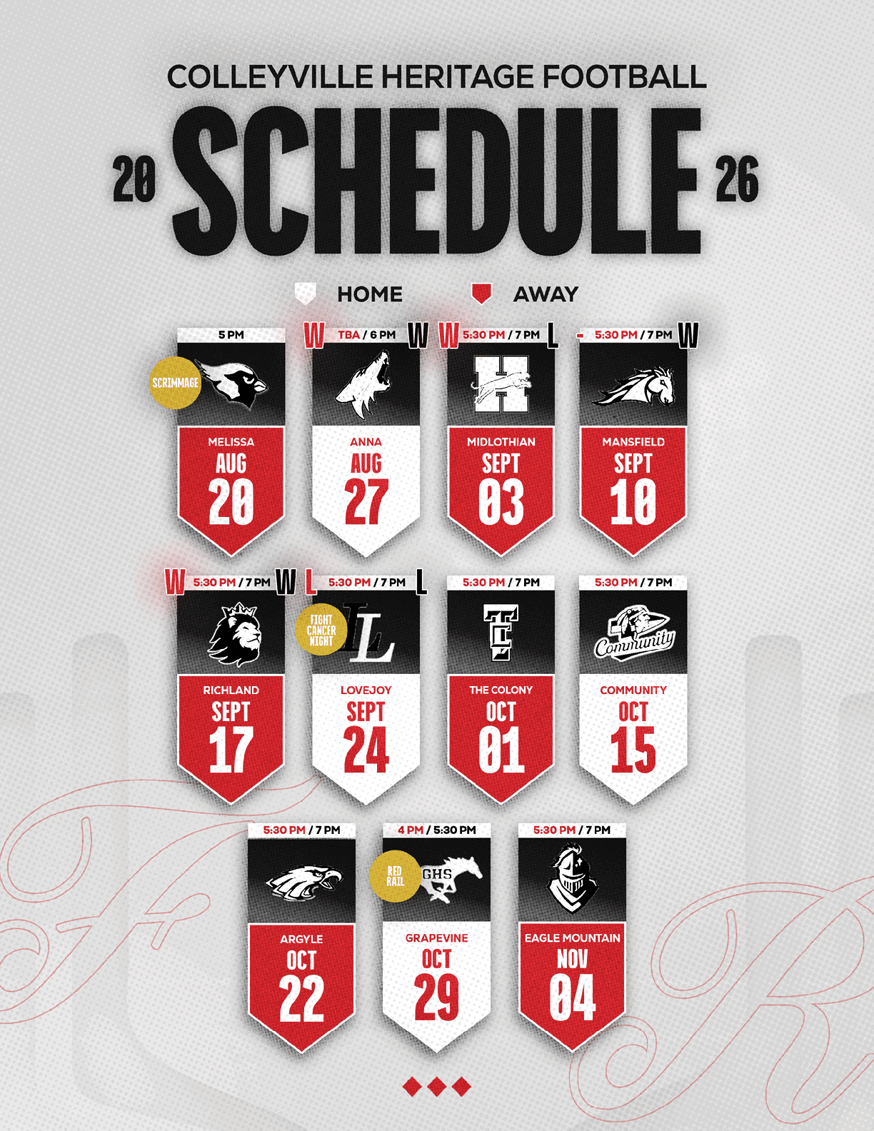 Colleyville Heritage Football 2026 schedule displayed with home and away games marked by dates and team logos in a bold, modern design. Description generated by AI