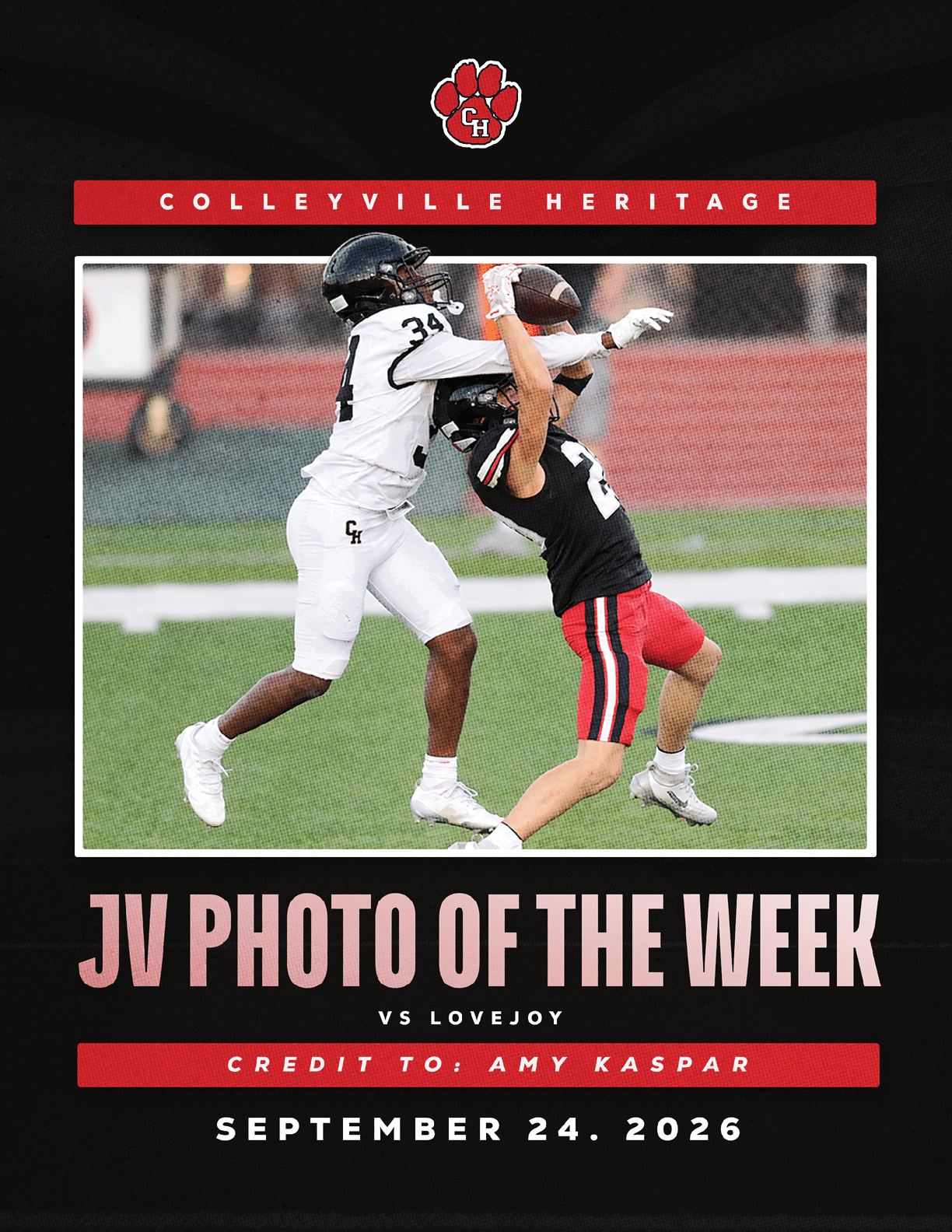 Two people in football uniforms compete to catch a football on a field with a red track in the background, featured in a graphic titled JV Photo of the Week for Colleyville Heritage dated September 24, 2026. Description generated by AI