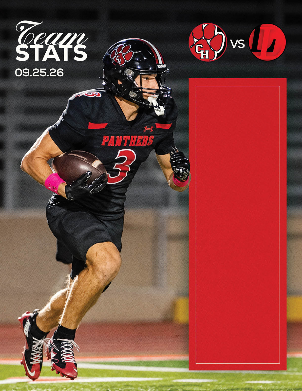 An adult wearing a black football uniform with the number three and a helmet is running on a field holding a football, with team logos and the date 09.25.26 displayed above. Description generated by AI