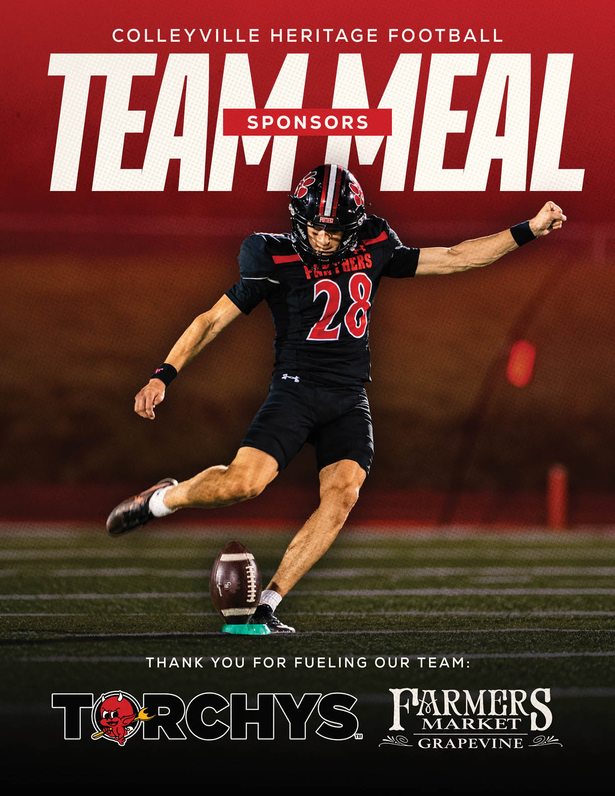 A person in a black football uniform with the number 28 is kicking a football on a field at night with text above and below promoting Colleyville Heritage Football team meal sponsors. Description generated by AI