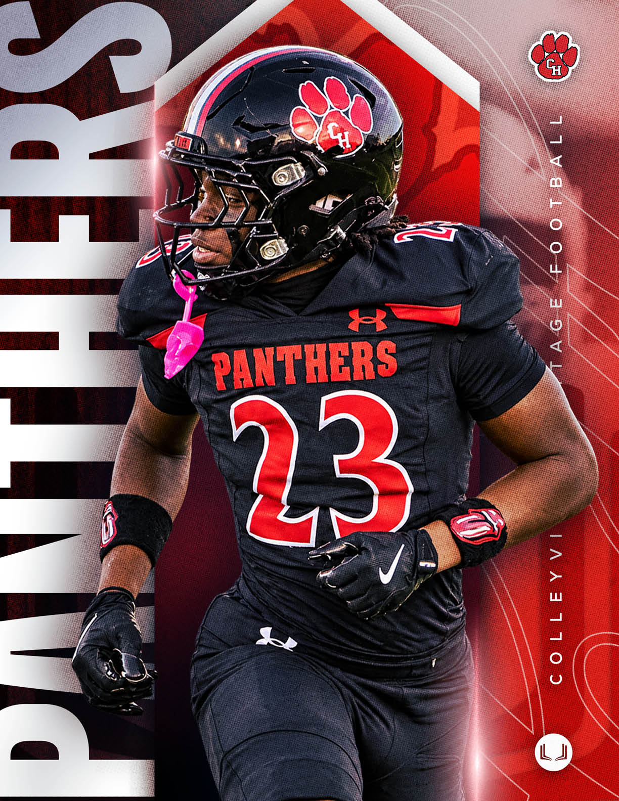 A person wearing a black football uniform with the number 23 and the word Panthers is running on a red and black background with the word Panthers vertically on the left side. Description generated by AI