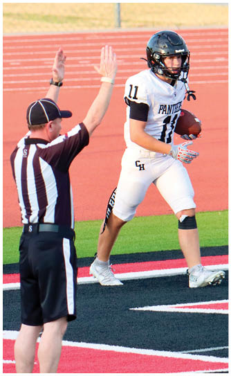 A person in a football uniform is running with the ball toward the end zone while a referee signals a touchdown with both arms raised. Description generated by AI
