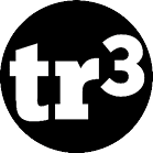 A black circle with the white text “tr³" centered inside it. Description generated by AI