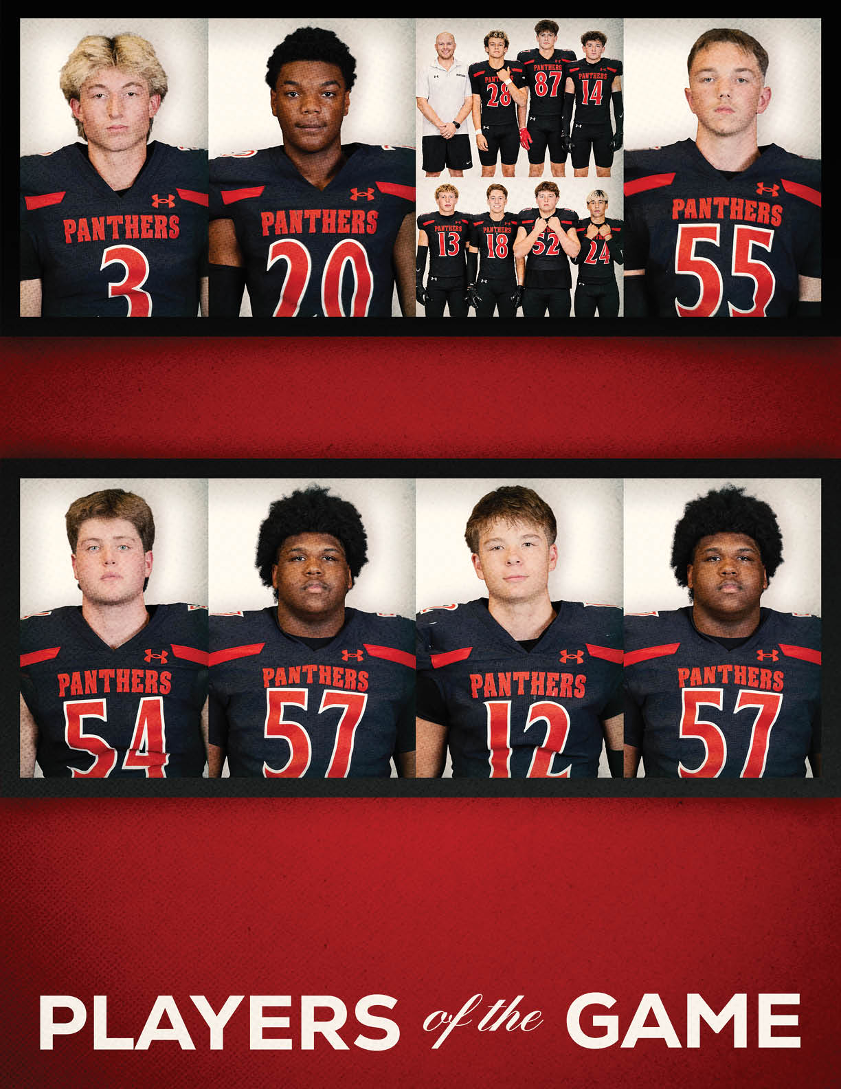 Seven people wearing black and red football uniforms with the word Panthers and numbers on the front are shown in two rows with a red background and the text players of the game below them. Description generated by AI